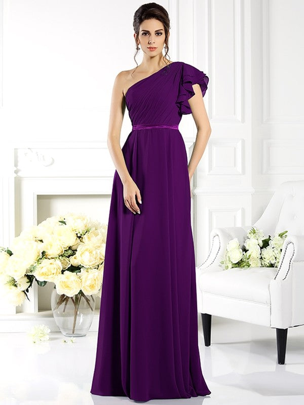 A-Line Charming One Shoulder Ruffles Sleeveless Long Chiffon Bridesmaid Dresses