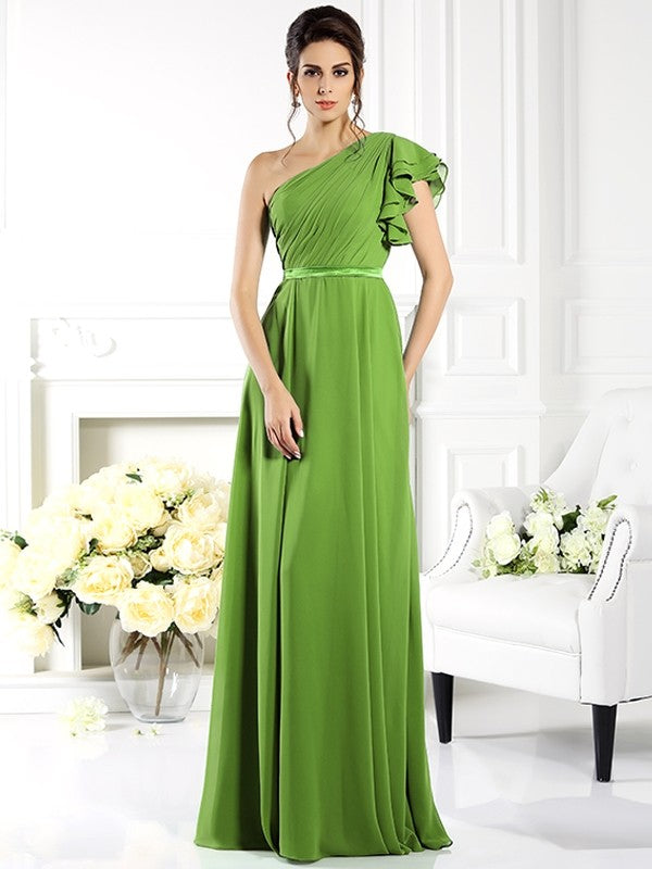 A-Line Charming One Shoulder Ruffles Sleeveless Long Chiffon Bridesmaid Dresses