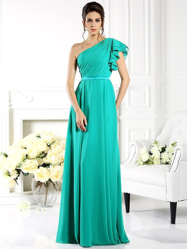 A-Line Charming One Shoulder Ruffles Sleeveless Long Chiffon Bridesmaid Dresses