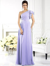 A-Line Charming One Shoulder Ruffles Sleeveless Long Chiffon Bridesmaid Dresses