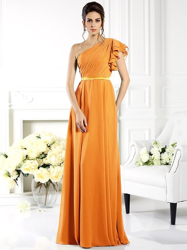 A-Line Charming One Shoulder Ruffles Sleeveless Long Chiffon Bridesmaid Dresses