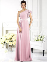 A-Line Charming One Shoulder Ruffles Sleeveless Long Chiffon Bridesmaid Dresses