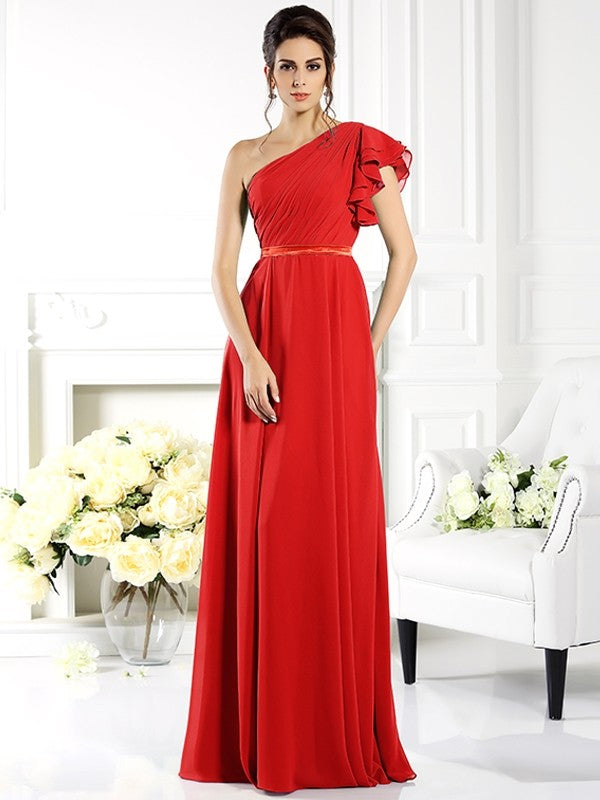 A-Line Charming One Shoulder Ruffles Sleeveless Long Chiffon Bridesmaid Dresses