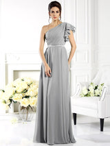 A-Line Charming One Shoulder Ruffles Sleeveless Long Chiffon Bridesmaid Dresses