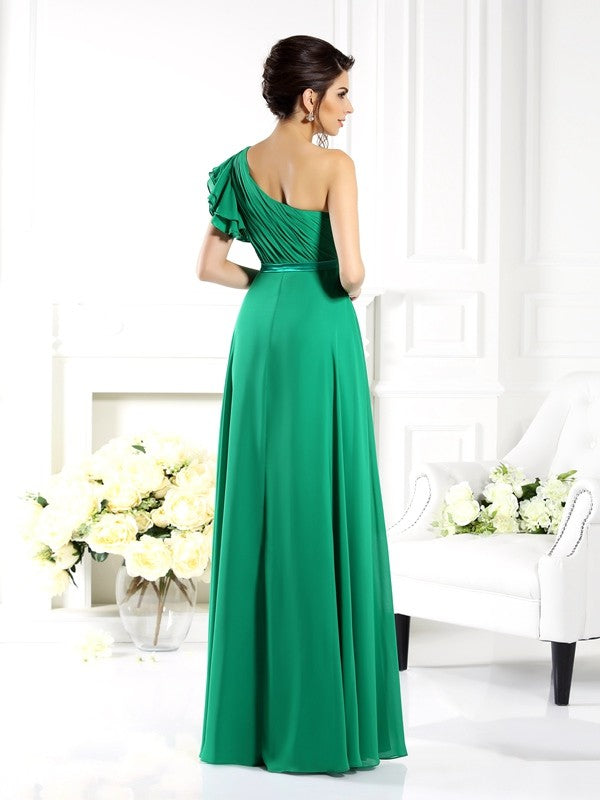 A-Line Charming One Shoulder Ruffles Sleeveless Long Chiffon Bridesmaid Dresses