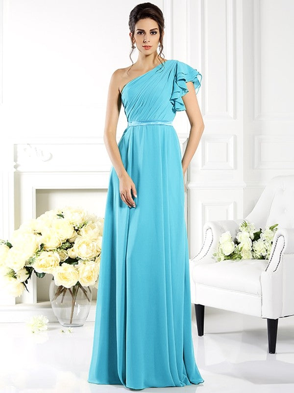 A-Line Charming One Shoulder Ruffles Sleeveless Long Chiffon Bridesmaid Dresses