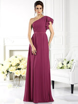 A-Line Charming One Shoulder Ruffles Sleeveless Long Chiffon Bridesmaid Dresses