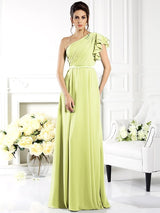 A-Line Charming One Shoulder Ruffles Sleeveless Long Chiffon Bridesmaid Dresses