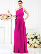 A-Line Charming One Shoulder Sash/Ribbon/Belt Sleeveless Long Chiffon Bridesmaid Dresses