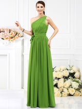 A-Line Charming One Shoulder Sash/Ribbon/Belt Sleeveless Long Chiffon Bridesmaid Dresses