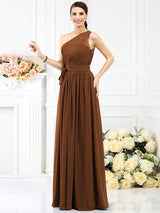 A-Line Charming One Shoulder Sash/Ribbon/Belt Sleeveless Long Chiffon Bridesmaid Dresses