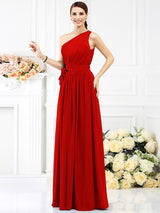 A-Line Charming One Shoulder Sash/Ribbon/Belt Sleeveless Long Chiffon Bridesmaid Dresses