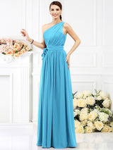 A-Line Charming One Shoulder Sash/Ribbon/Belt Sleeveless Long Chiffon Bridesmaid Dresses