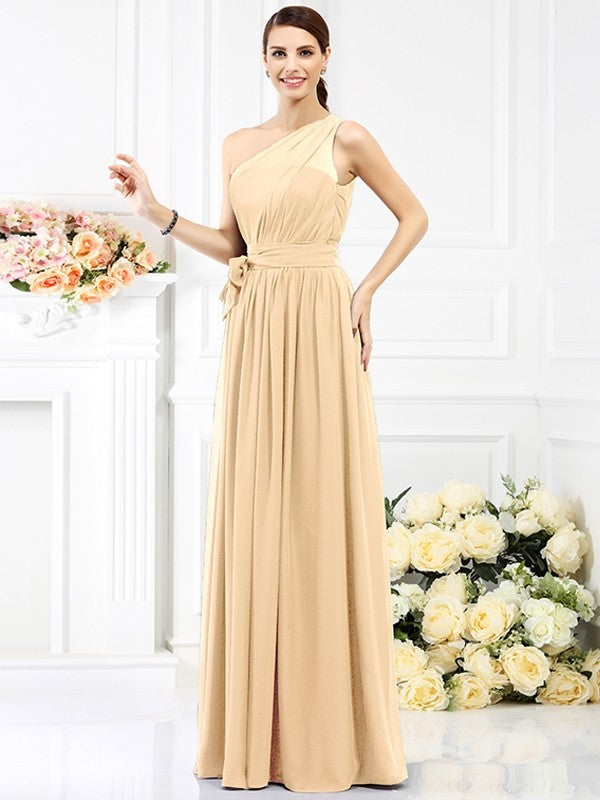 A-Line Charming One Shoulder Sash/Ribbon/Belt Sleeveless Long Chiffon Bridesmaid Dresses