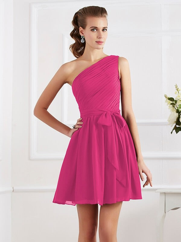 A-Line Charming Pleats One Shoulder Sleeveless Short Chiffon Bridesmaid Dresses