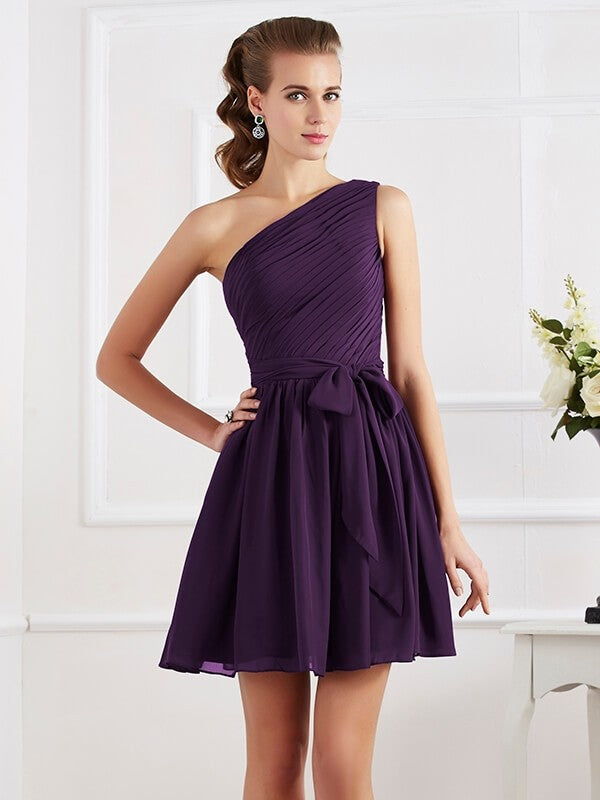 A-Line Charming Pleats One Shoulder Sleeveless Short Chiffon Bridesmaid Dresses