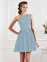 A-Line Charming Pleats One Shoulder Sleeveless Short Chiffon Bridesmaid Dresses