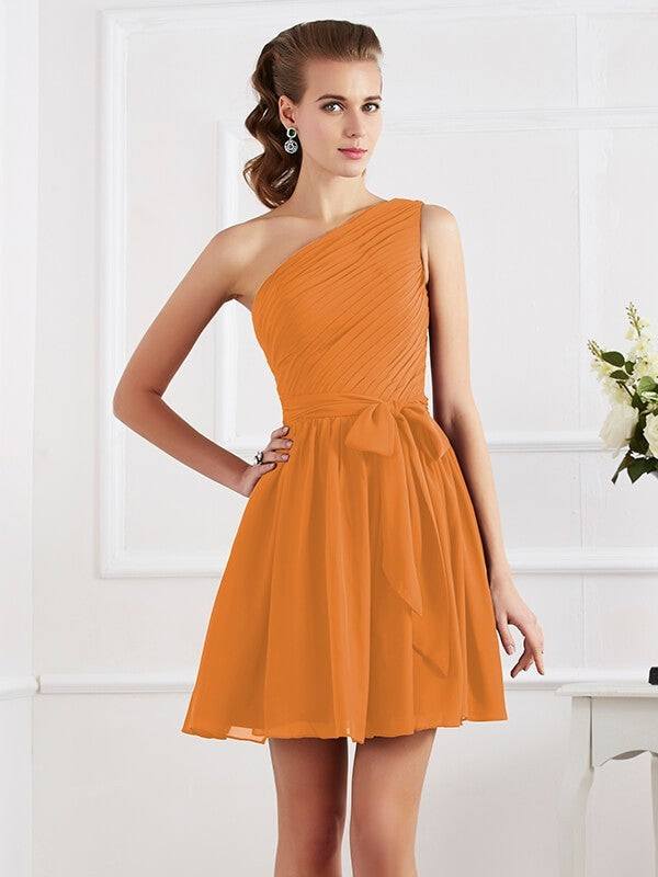 A-Line Charming Pleats One Shoulder Sleeveless Short Chiffon Bridesmaid Dresses