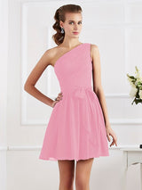 A-Line Charming Pleats One Shoulder Sleeveless Short Chiffon Bridesmaid Dresses