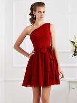 A-Line Charming Pleats One Shoulder Sleeveless Short Chiffon Bridesmaid Dresses