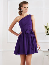 A-Line Charming Pleats One Shoulder Sleeveless Short Chiffon Bridesmaid Dresses