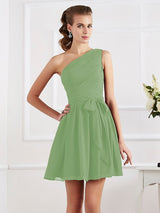 A-Line Charming Pleats One Shoulder Sleeveless Short Chiffon Bridesmaid Dresses