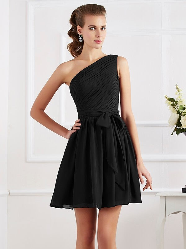 A-Line Charming Pleats One Shoulder Sleeveless Short Chiffon Bridesmaid Dresses