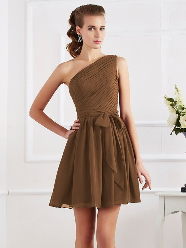 A-Line Charming Pleats One Shoulder Sleeveless Short Chiffon Bridesmaid Dresses