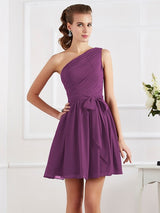 A-Line Charming Pleats One Shoulder Sleeveless Short Chiffon Bridesmaid Dresses