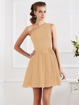 A-Line Charming Pleats One Shoulder Sleeveless Short Chiffon Bridesmaid Dresses