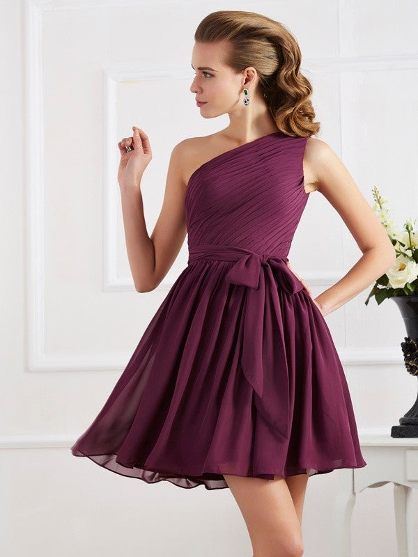 Charming Pleats One Shoulder Sleeveless Short Chiffon Bridesmaid Dresses