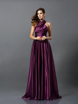 A-Line Charming Pleats Sleeveless Long Silk like Satin Bridesmaid Dresses