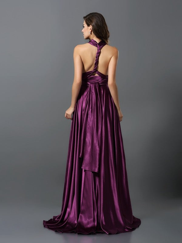 A-Line Charming Pleats Sleeveless Long Silk like Satin Bridesmaid Dresses