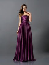 A-Line Charming Pleats Sleeveless Long Silk like Satin Bridesmaid Dresses