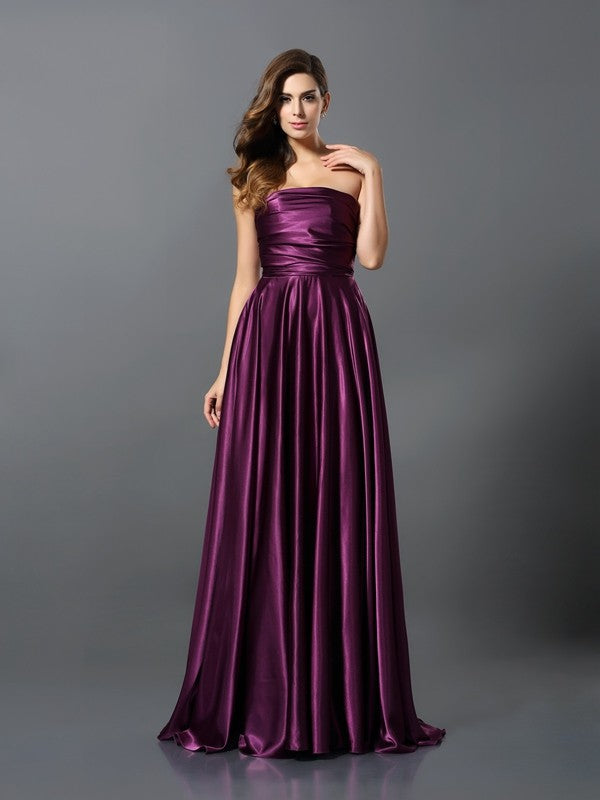 A-Line Charming Pleats Sleeveless Long Silk like Satin Bridesmaid Dresses