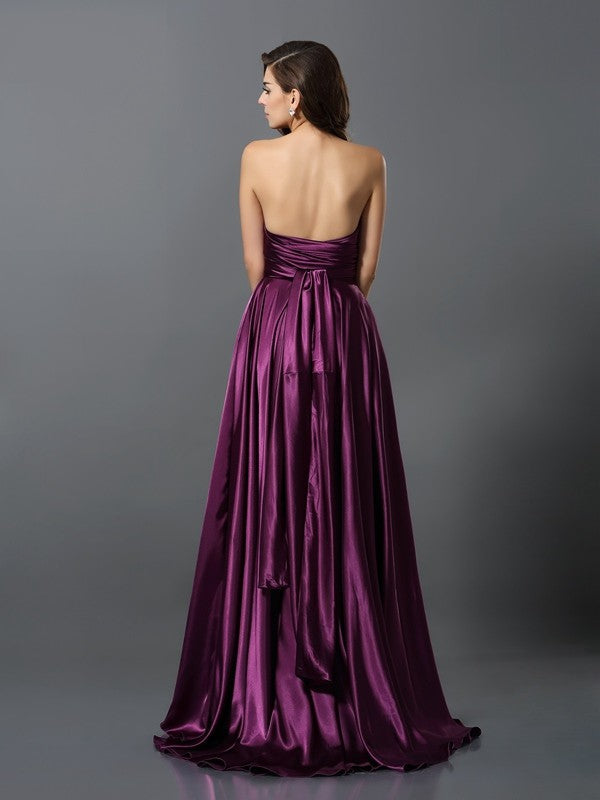 A-Line Charming Pleats Sleeveless Long Silk like Satin Bridesmaid Dresses