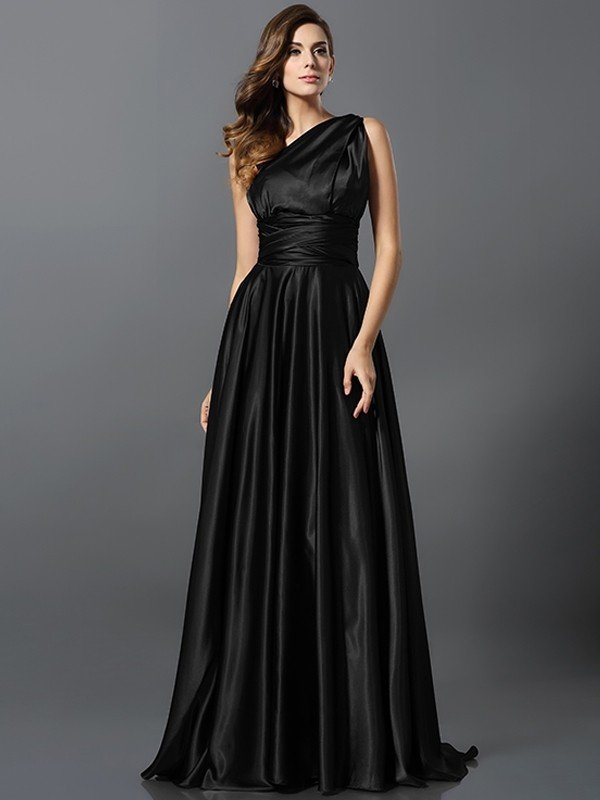 A-Line Charming Pleats Sleeveless Long Silk like Satin Bridesmaid Dresses