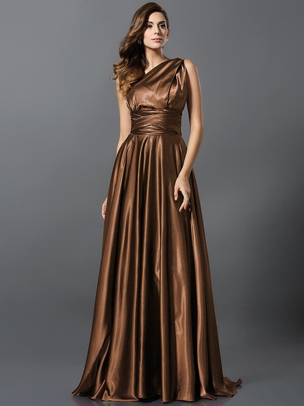 A-Line Charming Pleats Sleeveless Long Silk like Satin Bridesmaid Dresses