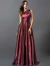 A-Line Charming Pleats Sleeveless Long Silk like Satin Bridesmaid Dresses