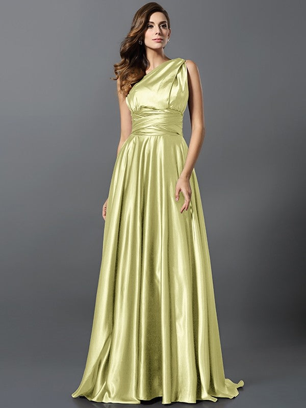 A-Line Charming Pleats Sleeveless Long Silk like Satin Bridesmaid Dresses