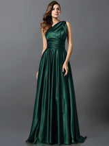 A-Line Charming Pleats Sleeveless Long Silk like Satin Bridesmaid Dresses