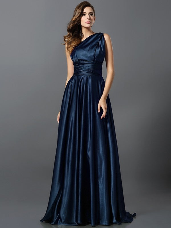 A-Line Charming Pleats Sleeveless Long Silk like Satin Bridesmaid Dresses