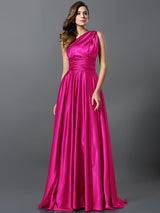 A-Line Charming Pleats Sleeveless Long Silk like Satin Bridesmaid Dresses