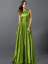 A-Line Charming Pleats Sleeveless Long Silk like Satin Bridesmaid Dresses