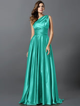 A-Line Charming Pleats Sleeveless Long Silk like Satin Bridesmaid Dresses