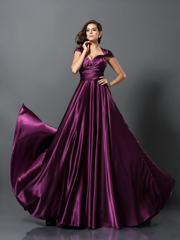 A-Line Charming Pleats Sleeveless Long Silk like Satin Bridesmaid Dresses