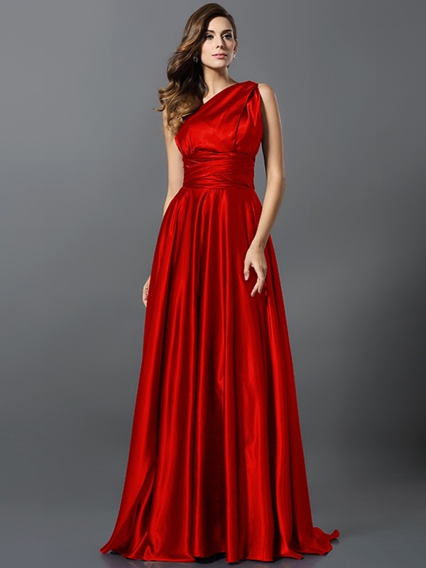 A-Line Charming Pleats Sleeveless Long Silk like Satin Bridesmaid Dresses