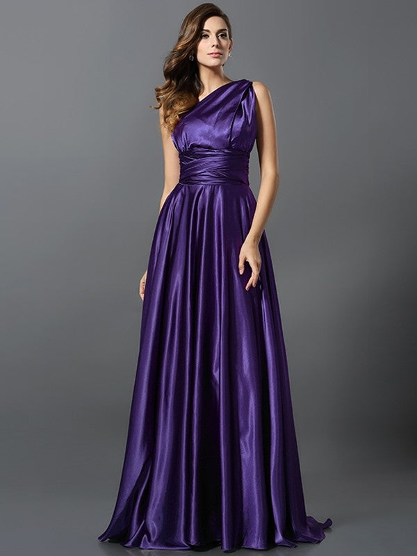 A-Line Charming Pleats Sleeveless Long Silk like Satin Bridesmaid Dresses