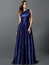 A-Line Charming Pleats Sleeveless Long Silk like Satin Bridesmaid Dresses