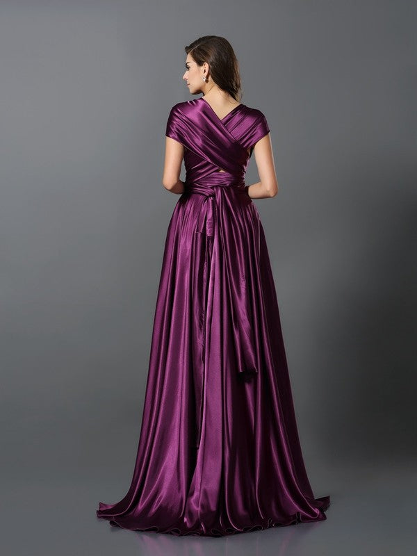 A-Line Charming Pleats Sleeveless Long Silk like Satin Bridesmaid Dresses